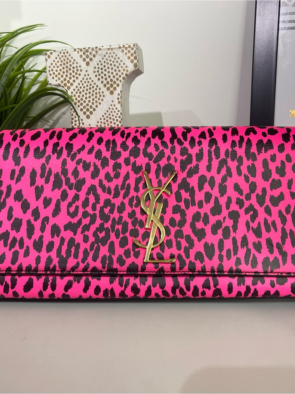 Saint Laurent Hot Pink and Black Leopard-Print YSL Clutch